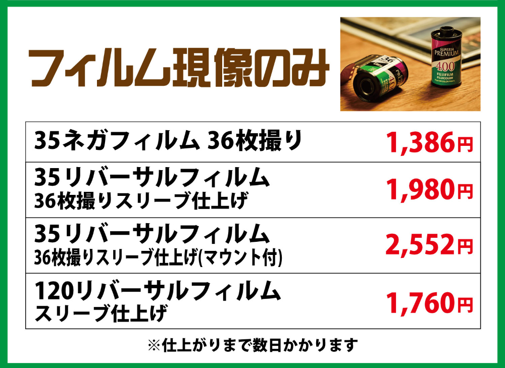 ネガフィルム現像の価格