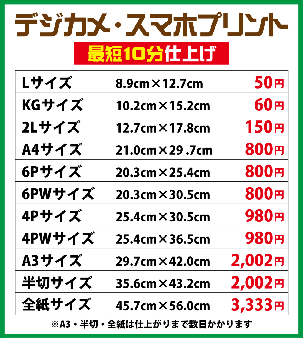 プリント料金表
